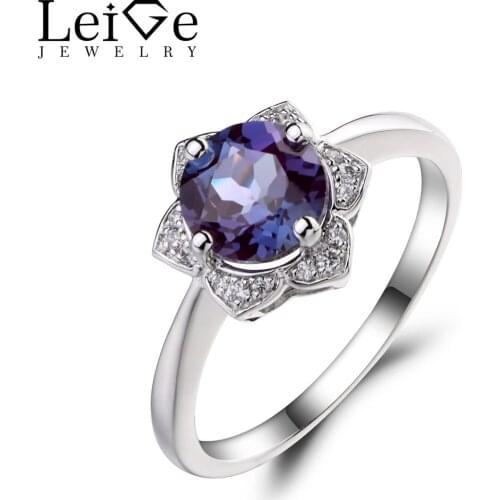 Leige Jewelry Lab Alexandrite Promise Engagement Ring 925 Sterling Silver Ring Color Changing Gemstone June Birthstone Round Cut