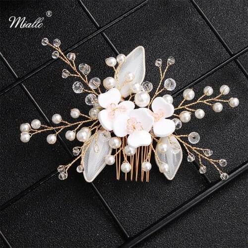 Miallo Newest White Pear Flower Wedding Hair Combs Bridal Crystal Pearls Hair Accessories Jewelry Handmade Headpieces