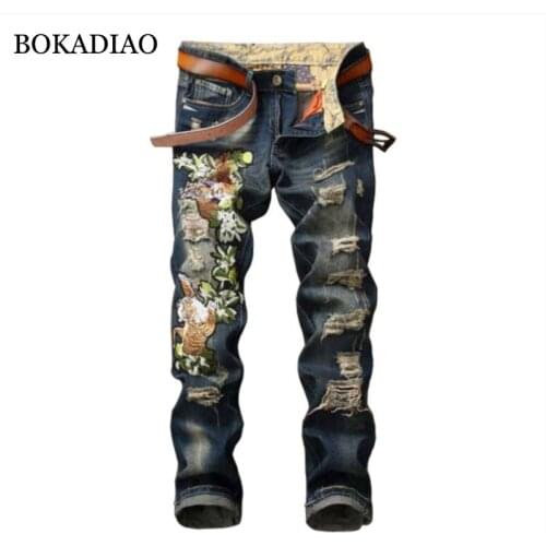 BOKADIAO Mans jeans fashion Tiger embroidery Straight jeans for men Distressed Ripped Pants Slim denim trousers male Streetwear