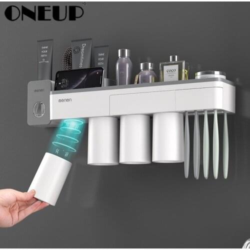 ONEUP Magnetic Adsorption Inverted Toothbrush Holder Makeup Cleanser Toothpaste Bathroom Storage Box Wall Mount Bathroom Set