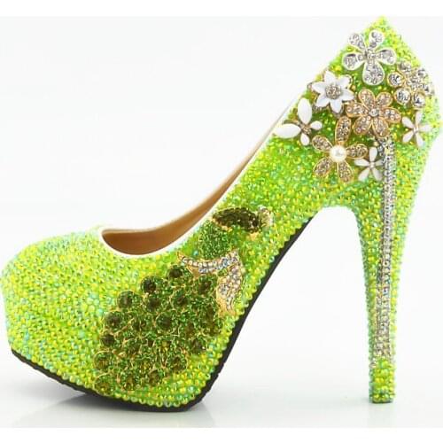 New Green Bling Crystal Women Party Dress Shoes Bride Wedding Shoes Peacock Rhinestone Lady Platform 11cm Super High Heels Pumps