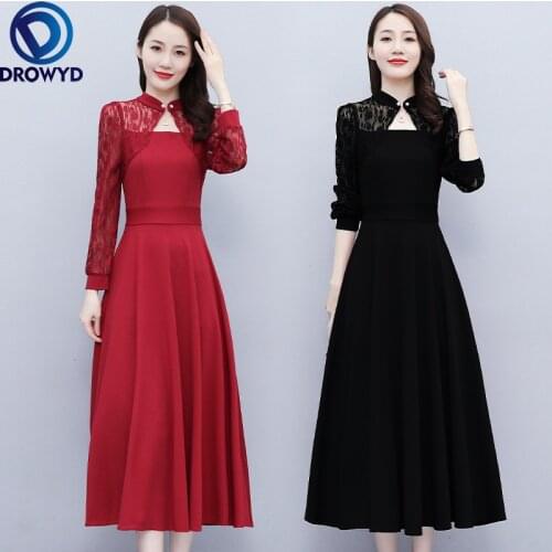 Stand Neck Slim Evening Party Dresses Femme Vestidos Female Spring Summer Dress Robe Vintage Elegant Lace Dress Women Ropa Mujer