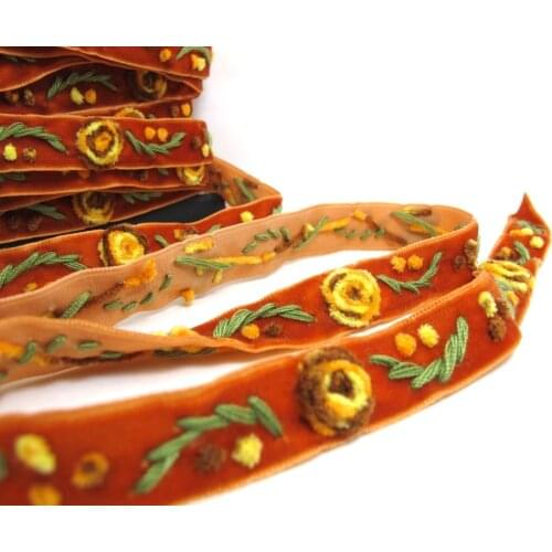 5/8 Inch Orange Yarn Flowers Embroidered Velvet Ribbon|Sewing|Quilting|Craft Supplies|Hair Accessories