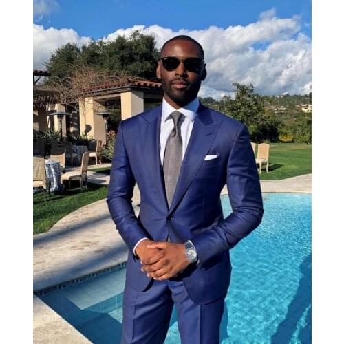 High Quality One Button Blue Groom Tuxedos Peak Lapel Groomsmen Men Blazers Suits (Jacket+Pants+Tie) NO:435