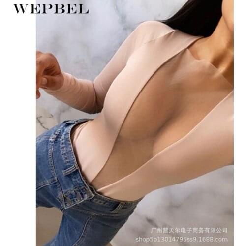 WEPBEL Womens Sexy Mesh Patchwork Bodysuit Shirt Top Ladies Elegant Long Sleeve O Neck Skinny Slim Fit T-shirt