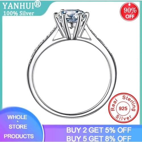 YANHUI High Quality Original 925 Sterling Silver Wedding Ring 6mm 1ct Zirconia Diamond Finger Rings for Women Engagement Jewelry