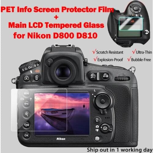 For Nikon D800 D810 Camera Tempered Protective Self-adhesive Glass Main LCD Display + Film Info Screen Protector Guard Cover