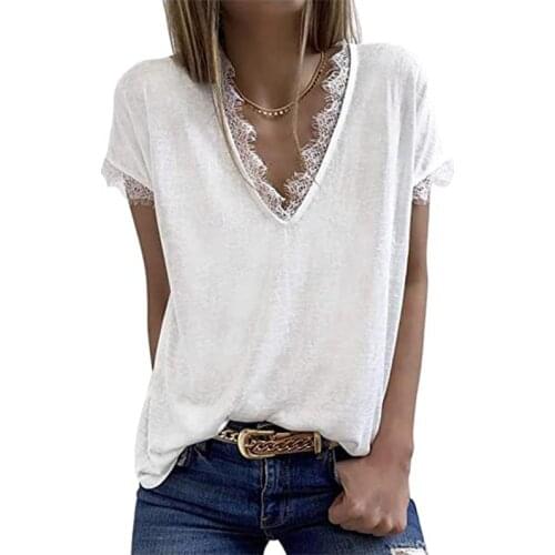 Purolu Casual Women Lace Spliced T-Shirt Summer Solid Color Short Sleeve V-Neck Pullover Tees Fashion Loose Basic T-shirt Top