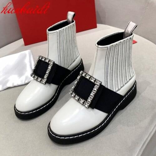 Women Autumn Rhinestone Square Buckle Short Boots Women Martin Boots Leather Flats Round Toe Single Boots