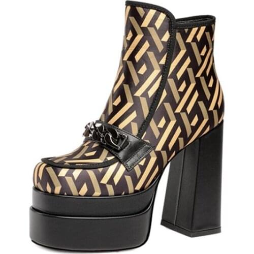 Square Toe Foreign Trade Handmade Boots Women High Chunky Heel Ankle Boots Grid Stripe Side Zipper Short Big Size 43