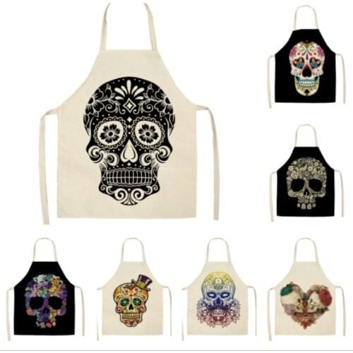 Skull Pattern Kitchen Apron for Women Men Cooking Sleeveless Horror Halloween Cotton Linen Oil-Proof Aprons Adult Bibs Home