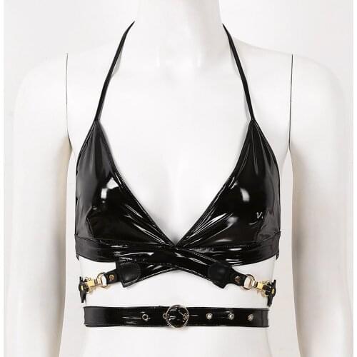 Women Clubwear Wet Look Patent Leather Bra Tops Sexy Lingerie Halter Neck Backless Crop Tops with Buckle for Festivals Raves