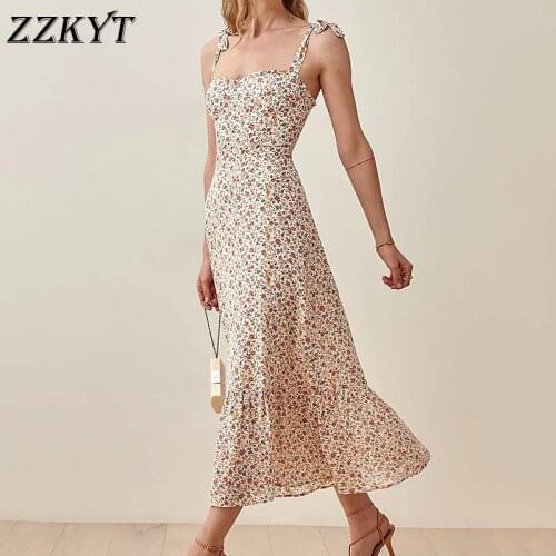 ZZKYT 2021 Women Summer Vintage Floral Print Bow Tie Straps Midi Dress Fashion Sleeveless Backless Ruffles Party Female Dresses
