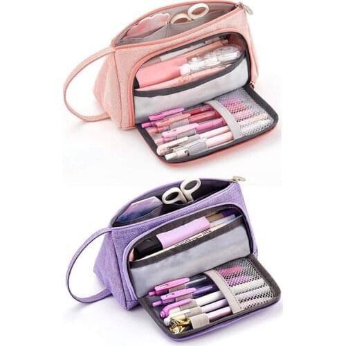 2X Colored Linen Storage Pouch Marker Pen Pencil Case Stationery Bag Holder For Middle High School Office Pink & Purple