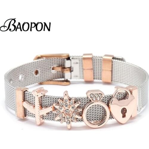 BAOPON 2021 New Design Stainless Steel Mesh Bracelets Set Eith Love Heart Charm Brand Bracelet Bangle for Woman Men Jewelry Gift
