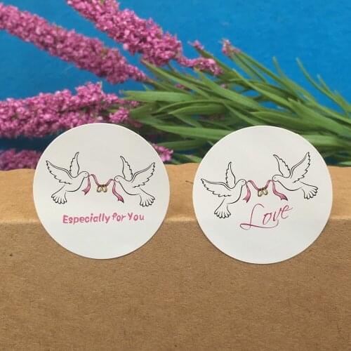 White Paper Cardboard Printed With Two Peace Pigeon For Jewelry Festival Gift Box Self Adhesive Sticker Label Customized 300Pcs