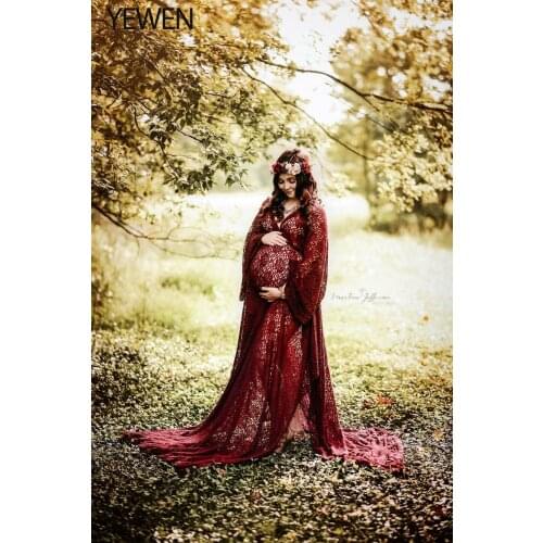 Burgundy Long Sleeve Strech Lace Dress for Photography Beach Maternity Gown Photo Shoots Dress for Baby Shower 2021 YEWEN