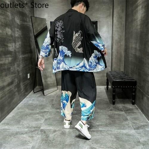 Japanese Style Harajuku Wide Leg Pants Wave Pattern Samurai Mens Luxury Knit Cardigan Jacket Loose Sun Protection Top Yukata