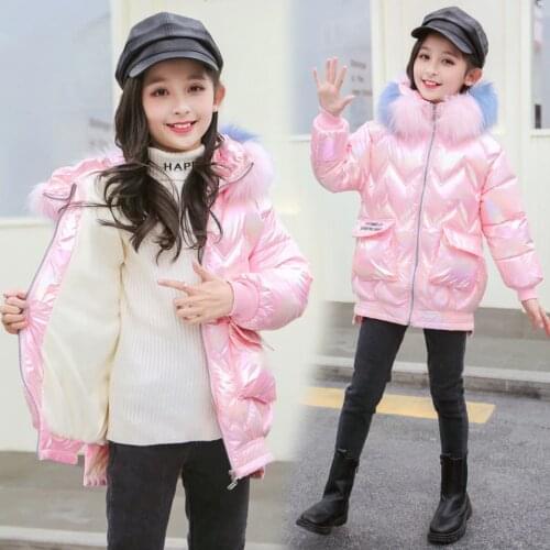Russian Young Girls Warm Coat Winter Glossy Parkas Outerwear Teenager Children Kid Girls Fur Hooded Jacket for 5 6 8 10 12 Year