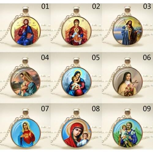 Virgin Mary Mother Of Baby Glass Pendant Jesus Christ Christian Jewelry Jesus Oil Painting Necklace Gift