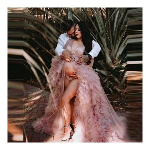 Elegant Soft Tulle Pregnancy Photo Shoot Gown Long Sleeves With Waistband Long Length Ruffles Custom Made Plus Size Maternity Dr