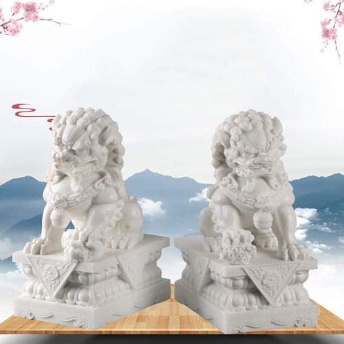 Exquisite Carving Pair of 2 Foo Dogs Guardian Lions Statues Feng Shui Decor