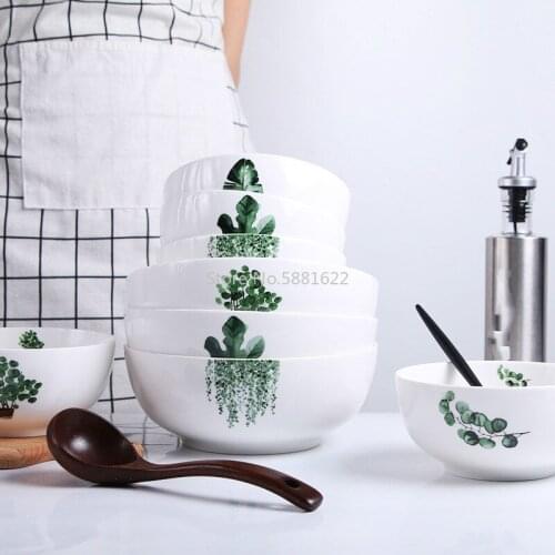 Nordic Simple Ceramic Bowl Creative Green Plant Noodle Bowl Household Salad Bowl Soup Bowl Tableware Ceramic Bowl and Dish Set