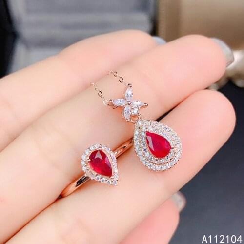 KJJEAXCMY Fine Jewelry 925 Sterling Silver Inlaid Natural ruby womens trendy fashion water drop Ring Pendant suit Support detec
