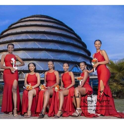 Red Plus Size Mermaid African Bridesmaids Dresses 2020 Cheap High Split Country Beach vestidos fiesta boda Wedding Guest Dresses