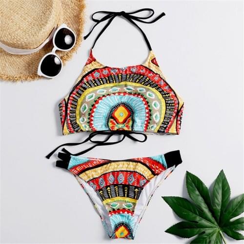 2020 African Print High Waist Swimsuit Totem Bathing Suit Swimwear Bathers Swimming Suits for Women High Leg Cut Bandage Bikini