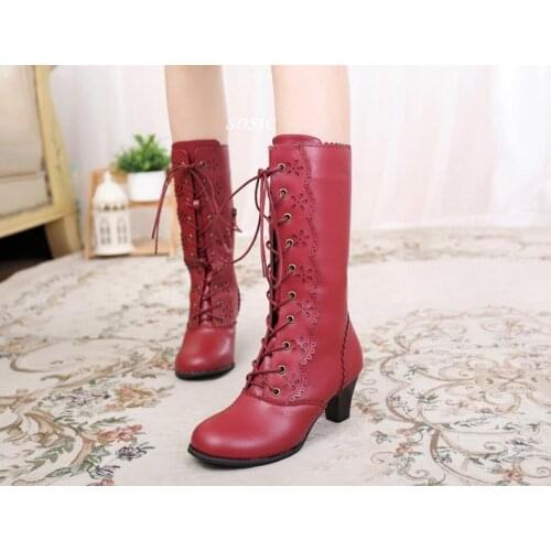 Japanese lolita cute sweet retro round head lace mid tube plus velvet keep warm high heel 6cm female boots kawaii shoes cosplay