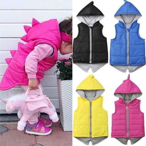 Fashion Winter Warm Kids Baby Girls Hoodies Dinosaur Waistcoat Jacket Solid Sleeveless Zipper Hooded Outwear Vest Tops 6M-5Y