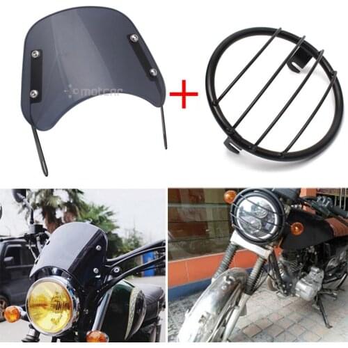 Motorcycle 7.67" Cafe Racer Headlight Grill Cover Protector + Windshield Wind Deflector Windscreen Universal for Harley Bobber