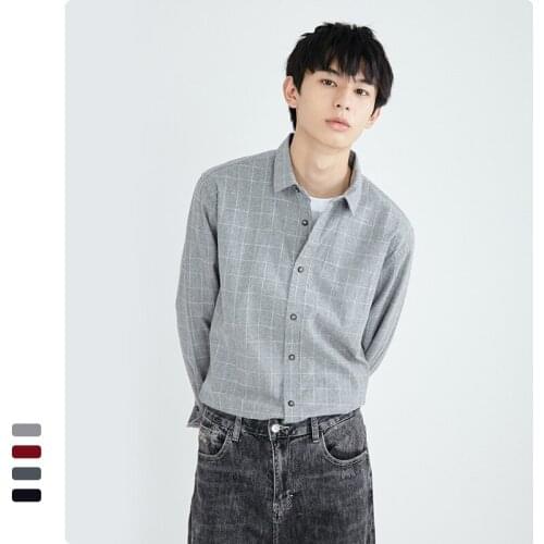 KC706 Men Classic Plaid Shirts Japan Style Retro Youth Student Daily Loose Lapel Long Sleeve Premium Cotton All-Match Camicia