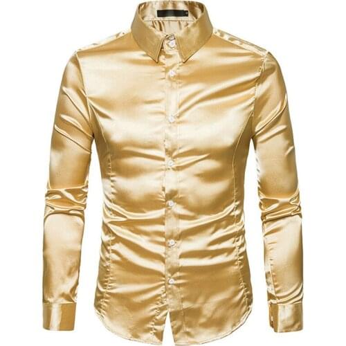 Silk Shirt Men 2018 Satin Smooth Men Solid Tuxedo Shirt Business Chemise Homme Casual Slim Fit Shiny Gold Wedding Dress Shirts