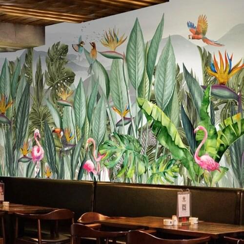 Custom Mural Wallpaper Hand Painted Tropical Rain Forest Southeast Asia Plant Leaf Flowers And Birds Fresco Restaurant Wallpaper