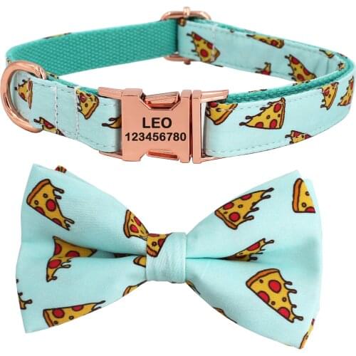 Popular Pizza Pattern dog collar and leash with bow tie for big and small dog cotton fabric collar rose gold metal buckle