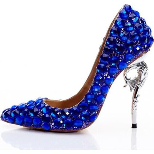 Luxury Women Bling Royal Blue Rhinestone Wedding Pumps Plated Seahorse Heels Ladies Full Crystal Drilled Handmade High Heels