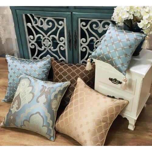 Luxury European Jacquard Sofa Decorative Throw Cushion Cover Flower Diamond Blue Brown Pillow Cover Office Car Chair Pillowcase