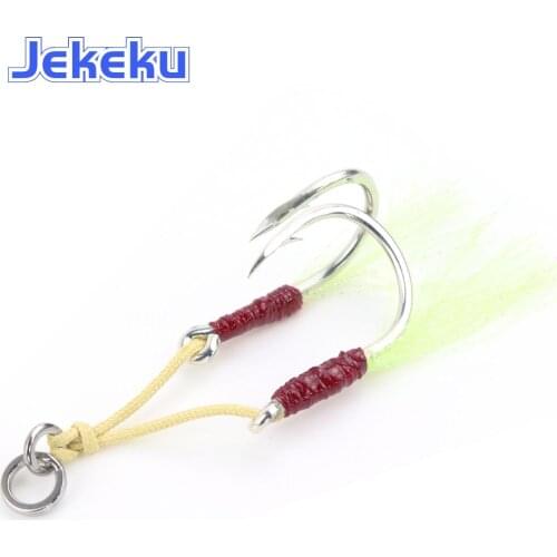 JEKEKU 2pcs Fishing Hooks with Feather Slow Jigging Double Assist1/0 2/0 3/0 5/0 7/0 Thread High Carbon Steel Kevlar Line