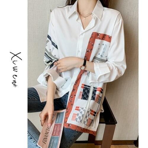 Chiffon White Shirt Womens Spring New Loose Mid-Length Design Sense Niche Long Sleeve Printed Top