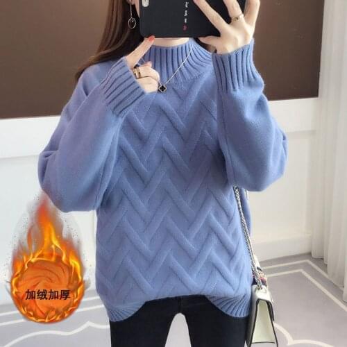 Plush / no fleece sweater womens half high collar autumn / winter new Pullover Sweater loose bottomed top