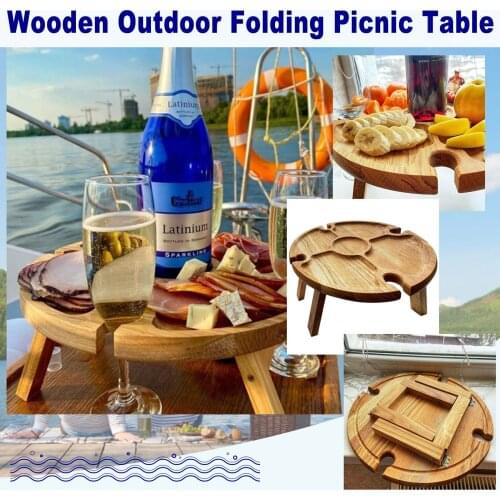 Picnic Outdoor Wine Table Wood Portable Solid Table Legs Foldable Furniture Retro Contryside Wooden Retractable Round Desk