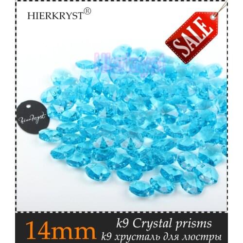 HIERKRYST 100 pcs 14 mm Octagon Beads Crystal Glass Chandelier Parts Rainbows Maker Prisms Pendants Connectors Lake Blue #10