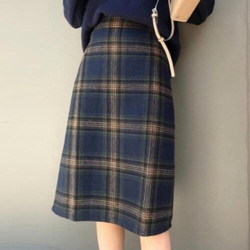 Women Plus Size Autumn Winter Vintage Plaid High Waist Warm Woolen A-line Skirt
