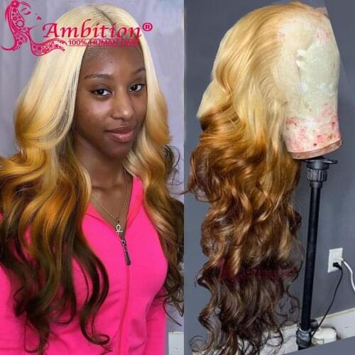 Ambition Human Hair Lace Wigs Preplucked Ombre Blonde Straight Lace Frontal Wig HD Transparent 613# Wavy Glueless Lace Wigs