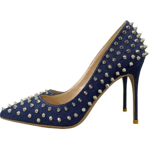 Rivets design Denim blue pointed toe 10cm 12cm high heels wedding daily wear shallow dating work women pumps MD043 ROVICIYA