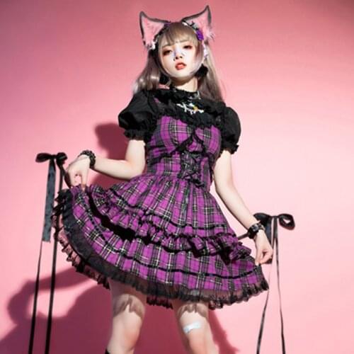 Gothic Lolita Dress 2021 Summer Japanese Sweet Spaghetti Strap Dress For Women Gothic Diablo Hot Girl Plaid Dress Female Vestido