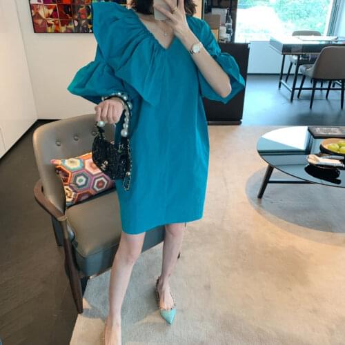 2021 Summer Dress Women Korean Style Short Flare Sleeve Peacock Blue Ruffles Straight Mini Short Dress V Neck Cotton Clothes