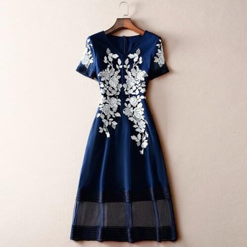 4XL Dress Vestidos De Festa 2021 Summer Party Events Women V-Neck Appliques Embroidery Sequined Deco Dark Blue Dress Female